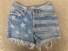 Summer Denim Shorts With Star Print, High Waist Star Print Jeans For Summer, High Waist Star Print Summer Jeans, Summer High Waist Star Print Jeans, Summer High-waist Star Print Jeans, American Flag Print Jean Shorts For Summer, Patriotic American Flag Print Jean Shorts For Summer, Americana Jean Shorts With American Flag Print For Summer, Americana Jean Shorts With American Flag Print