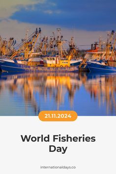 the world fisheries day poster is shown with boats in the water and blue sky