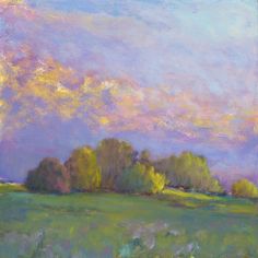 an oil painting of trees in a field with purple and yellow clouds above them,