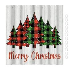 merry christmas trees on white wood with red and green plaid