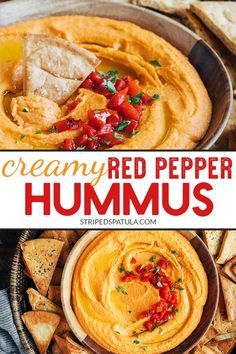 creamy red pepper hummus in a bowl with tortilla chips