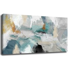 an abstract painting with blue, yellow and white colors