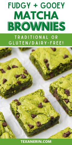 fudgey and gooey matcha brownies with text overlay that reads, traditional or gluten / dairy - free