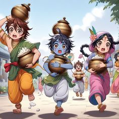 three cartoon characters carrying pots on their heads, one holding a bowl and the other looking at