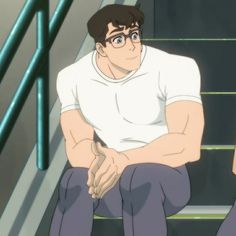 a man sitting on top of a set of stairs next to another man with glasses