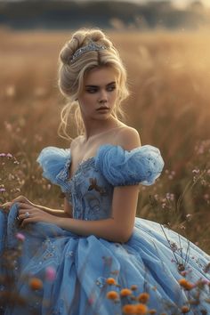 a woman in a blue dress is sitting in a field