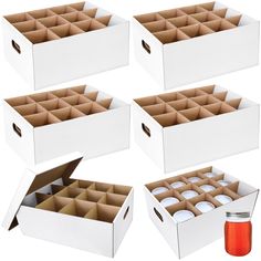 six white boxes with lids are open and filled with teas, jam or coffee