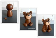 three pictures of a teddy bear made out of chocolate