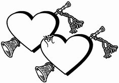 two hearts with tassels and bells hanging from the side, one is black and white