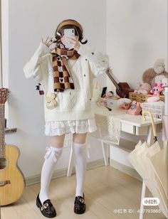 Brown And White Outfit, Outfit Inspo Korean, Shifting Clothes, Cutecore Clothes, Ribbon Socks, Checkered Outfit, Brown Scarf, Clothes Streetwear