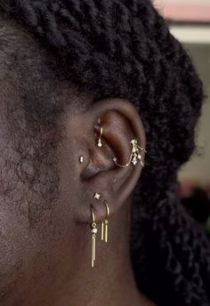 a close up of a person with ear piercings on their ears and back of the head