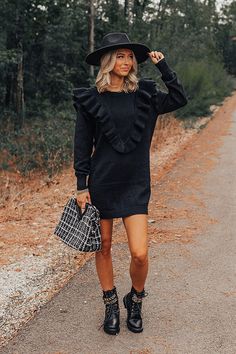 Black Sweater Dress With Boots, Sweater Dress With Boots, Ruffle Sleeve Sweater, Loose Sleeves, Black Sweater Dress, Crew Cut, Crew Cuts, Beautiful Sweater, Ribbed Texture