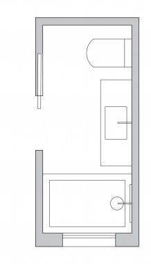 the floor plan for a small bathroom with a toilet and sink, along with a walk in shower