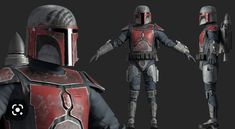 the boba fett costume from star wars is shown in three different angles, including red and black