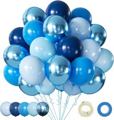 blue and white balloons are arranged in the shape of a bouquet