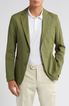 A lightly rumpled linen blend crafted with a touch of stretch furthers the relaxed versatility of a sport coat that's ideal for casual, warm-weather occasions. 29" length (size 42R) Notched lapels Nonfunctional four-button cuffs Chest welt pocket; front patch pockets Side vents Partially lined 62% linen, 36% viscose, 2% elastane Dry clean or machine wash, line dry Imported Affordable Single-breasted Sport Coat For Spring, Luxury Spring Sport Coat With Double Button Closure, Sport Coat, Welt Pocket, Warm Weather, Linen Blend, Dry Clean, Nordstrom, Green