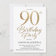 a white and gold 90th birthday party card with the words,'90th birthday party