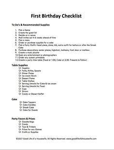 the first birthday checklist is shown in black and white