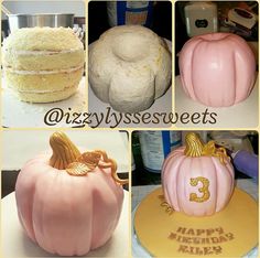 there are four pictures of pumpkins on the table and one has a cake in the shape of a number