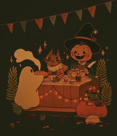 an animated halloween scene with pumpkins and witches