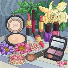 an assortment of cosmetics and flowers on a table with the words happy mother's day