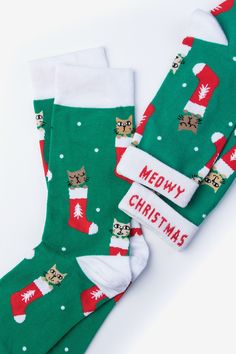 Playful Christmas Socks For Stocking Stuffers, Cute Christmas Gift Socks, Cute Winter Socks With Cat Design, Cute Cat Design Socks For Winter, Cute Green Socks For Stocking Stuffers, Cute Cat Design Winter Socks, Holiday Socks, Cat Socks, Dog Socks