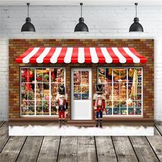 the front of a store with two soldiers standing in front of it's windows