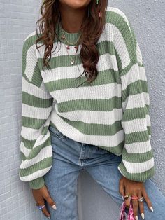 Round Neck Long Sleeve Striped Simple Sweater, Casual Daily Wear Multicolor Casual  Long Sleeve Fabric Colorblock,Striped Pullovers Slight Stretch Spring/Fall Women Clothing, size features are:Bust: ,Length: ,Sleeve Length: Nasa Wallpaper, Adrette Outfits, Chaleco Casual, Pullover Mode, Winter Closet, Day Outfits, Winter Pullover, Drop Shoulder Sweaters, Long Sleeve Knit Sweaters