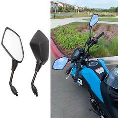 two mirrors on the side of a motorcycle and another image of a blue scooter