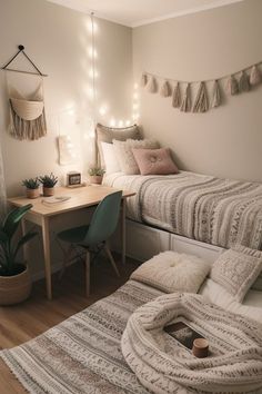 a bedroom with two twin beds and lights on the wall above them is lit up by string lights