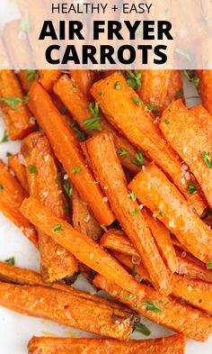 healthy air fryer carrots on a plate with parsley in the middle and text overlay