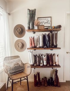 Western boot storage, boot wall Home Made Clothes Rack, Neutral Western Aesthetic Home, Boot Closet Storage, Boot Wall Rack, Western Boot Storage, Cowgirl Boot Shelf, Cowgirl Boot Storage, Cowgirl Boot Display, Cowboy Boot Organization