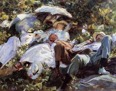 a painting of people laying on the ground under umbrellas and reading books in the grass