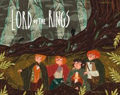 the lord of the rings poster with three children sitting on a log in front of some trees