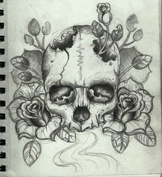 a pencil drawing of a skull with roses on it's head and leaves around its neck