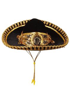 A stunning sombrero from The Rain Kids. The metallic stitching throughout make this hat so eye catching. Attached strap. Small fits head diameter 6" x 7", Medium fits head diameter 6.25" x 7.25", Large fits head diameter 6.5" x 7.5" and XL fits head diameter 6.75" x 7.75" Black Wide Brim Hat For Cinco De Mayo, Pink Paw Patrol, Charro Outfit, Charro Suit, Sombrero Hat, Blue Suspenders, Black Rooster, Vest And Pants, King Penguin