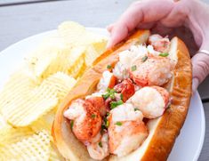 a person is holding a sandwich with shrimp and chips on the plate next to them