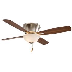 a ceiling fan with two wooden blades and a light fixture on the top of it