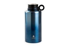 a blue stainless steel water bottle with a black lid and handle is shown on a white background