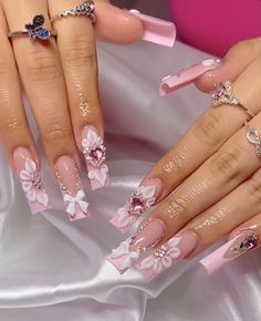 Long Square Acrylic Nails Pink Birthday, Pink Nails For Quinceañera, February Birthday Nails Ideas, Pink Gem Nails Rhinestones, Pink Nails Quince, Love Shack Fancy Nails, Quince Nail Ideas, Bday Nails Acrylic, Quinceanera Nails Pink