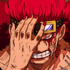 an anime character with red hair covering his eyes