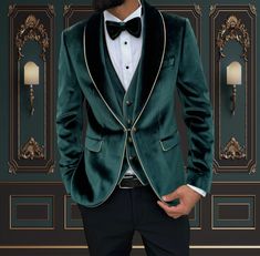 4 Piece Mens Slim Fit Green & Gold Velvet Tuxedo Shawl Lapel | Weddings and special Occasions Tuxedo Superior Quality Package includes  Jacket, Vest, Pants, bowtie, tuxedo shirt. Shipped in large box to preserve the shape  Top quality guaranteed Luxury Tuxedo For Ceremonies, Elegant Festive Tuxedo For Ceremonies, Luxury Fitted Wedding Sets, Elegant Custom Fit Wedding Sets, Elegant Custom Fit Tuxedo For Ceremony, Bespoke Custom Fit Tuxedo For Wedding, Luxury Green Suit For Wedding, Designer Wedding Tuxedo, Luxury Wedding Suit For Festive Occasions