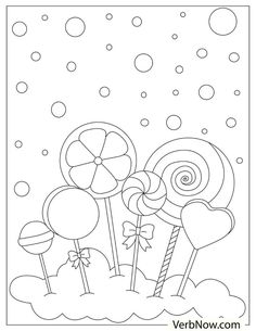 a coloring page with lollipops and candies in the clouds on a snowy day