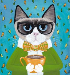 a painting of a cat wearing glasses and holding a coffee cup