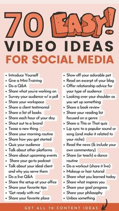 an info sheet with the words 70 easy video ideas for social media