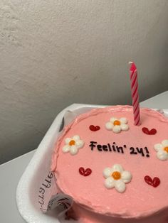 pink cake with simple design. small cake. korean lunch box cake Birthday Cake Aesthetic Quotes, Cake For 24th Birthday, Cake 24th Bday, Its My 24th Birthday, Lunch Box Birthday Cake