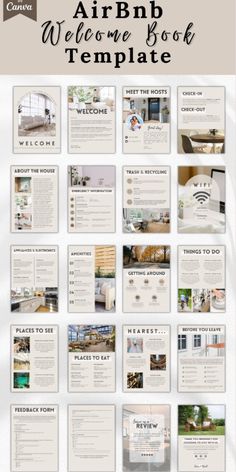 the air bnb welcome book template is shown in white and has lots of pictures on it