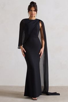 Haze | Black High-Neck Maxi Dress With Chiffon Cape Ethereal Elegance, Chiffon Cape, High Neck Maxi Dress, Maxi Bodycon Dress, Club L London, Long Bodycon Dress, Prom Dress Shopping, Bodycon Maxi Dresses, Stretch Crepe