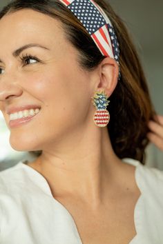 "Celebrate 4th of July, Memorial Day, and Veterans Day with these beautiful pineapple earrings with the colors of the USA flag, red, white and blue. Embellished with beads, star-shaped sequins and classic pearls. If you will be celebrating these Holidays on the coast, you need these comfortable to wear stud earrings. You can match them with fun patriotic patterns or solid colors in red, blue, or white! 1.8\" Length Stud Earrings 14k gold plated back post Very lightweight" Patriotic Patterns, Anchor Earrings, Crown Earrings, Pineapple Earrings, Conch Earring, Laser Cut Earrings, Daisy Earrings, Star Earrings Stud, Rainbow Earrings