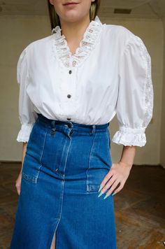 Beautiful white cottagecore folk blouse. Gorgeous puff sleeves with floral lace inserts and a ruffled collar. Perfect find for celebrations or simply to enjoy life and dress up! Detailed specs & measurements below: Fabrics: 65% polyester, 35% cotton Tag size:  46/48 Brand: -  Circa: 90s Best fits: L Condition: superb MEASUREMENTS *taken seam to seam. not doubled, taken flat Shoulders: 43 cm | 16.9" Bust: 58 cm | 22.8" Sleeve length: 40 cm | 15.7" Length: 66 cm | 25.9" For reference, our model is Lace Blouses, Evening Blouses, Statement Blouse, Lace Trim Blouse, Blouse Lace, Black Lace Blouse, Ruffled Collar, Elegant Blouses, Puff Sleeve Blouse